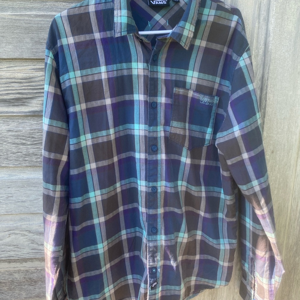 Vans Men's Blue and Purple Plaid Button-Down Shirt